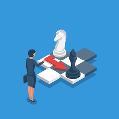 Success strategy. Victory planning. Plan win business competition. Leadership vision, looking opportunity. Woman is looking for a solution on a chessboard. Vector illustration isometric design.