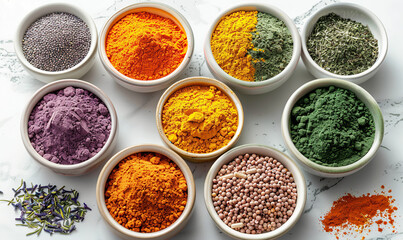 Various spices and herbs in bowls on a white background, showcasing a vibrant palette of colors. Generate AI