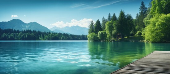 Wooden dock by serene lake, mountain backdrop - obrazy, fototapety, plakaty