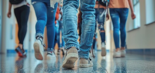 Close-up of legs of students walking in the school corridor.