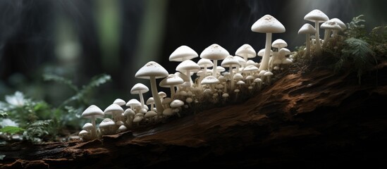 Mushrooms sprouting on a forest log by a babbling brook