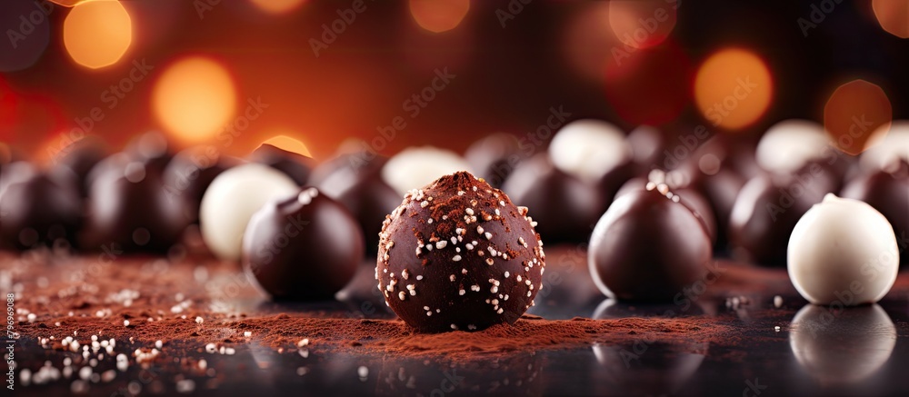 Poster chocolate eggs in rows on table against red backdrop