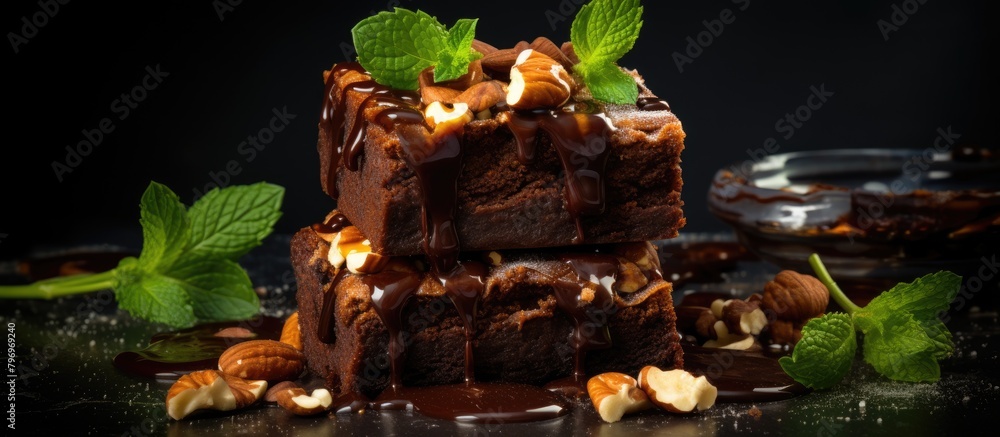 Poster Stack of nutty brownies with chocolate sauce