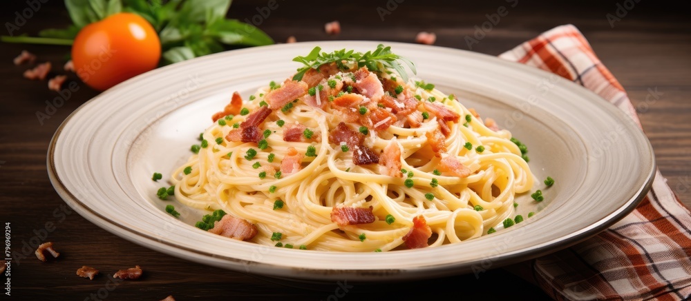 Sticker Plate of pasta with bacon and peas