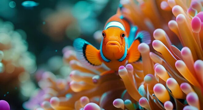 A clownfish swimming in a coral reef.