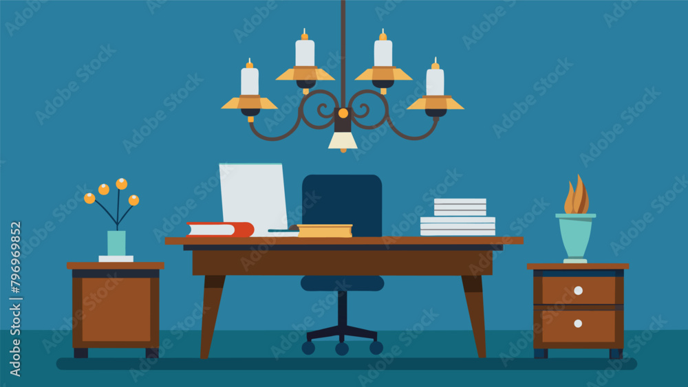 Poster a statement chandelier hangs above a rustic wooden desk creating an eyecatching contrast in this ref