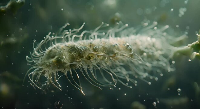 A microscopic image of a paramecium with a detailed cell structure and multiple cilia.