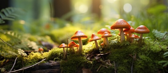 Mushrooms on a mossy log in the woods - obrazy, fototapety, plakaty