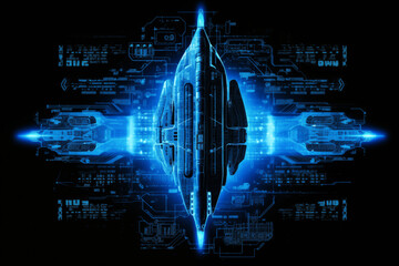 Fototapeta premium Futuristic Blue Spaceship with Dynamic Light Trails in Digital Space