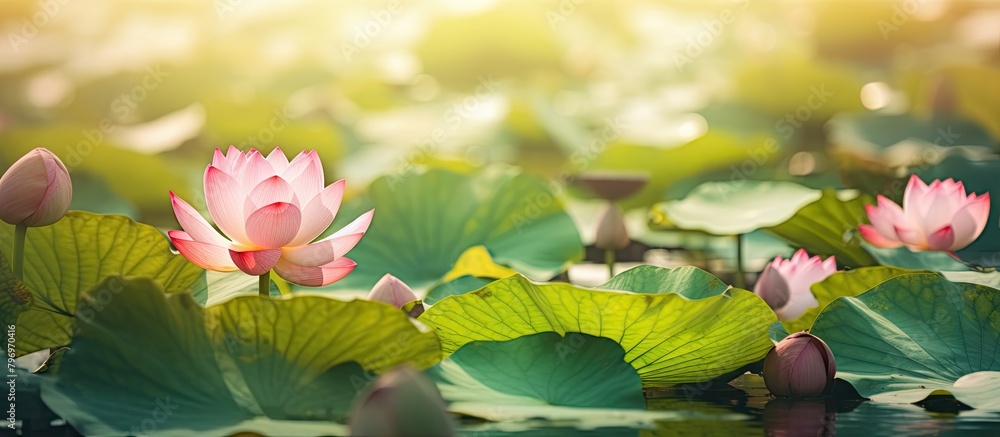 Sticker Lotus flowers blooming in pond amid green leaves