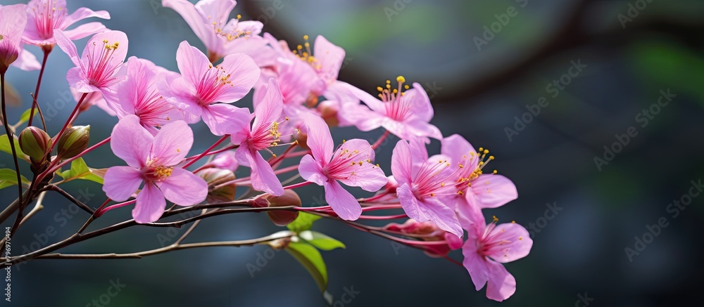 Wall mural Pink flowers branch green leaves