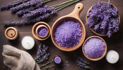 Relaxing spa essentials with lavender, top view
