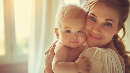 A beautiful young mother is holding her baby close. The baby is looking at the camera with big, blue eyes.