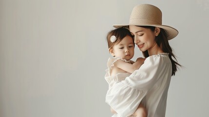 Beautiful mother and her baby girl in a tender moment. They are both wearing white dresses and the mother has a straw hat on.