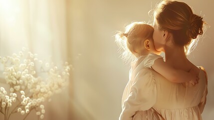 A mother and her child are standing in a field of flowers. The mother is holding the child in her arms and is kissing her on the cheek.