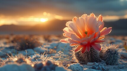 Desert Jewel: Blooming Cactus Flower at Sunset, generative ai