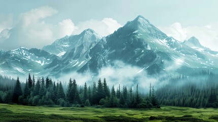 This is a beautiful landscape image of a mountain range. The mountains are covered in snow. The image has a foggy, dreamlike quality.