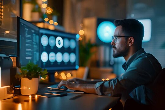 A software engineer sits at his desk, surrounded by computer monitors. He is wearing glasses and a casual shirt. He is typing on his keyboard and looking at the monitors.