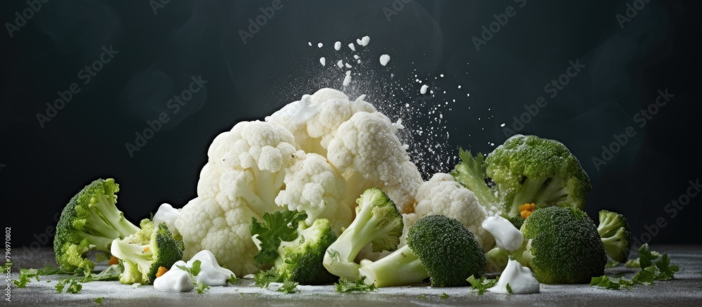 Poster Broccoli and cauliflower stack on table