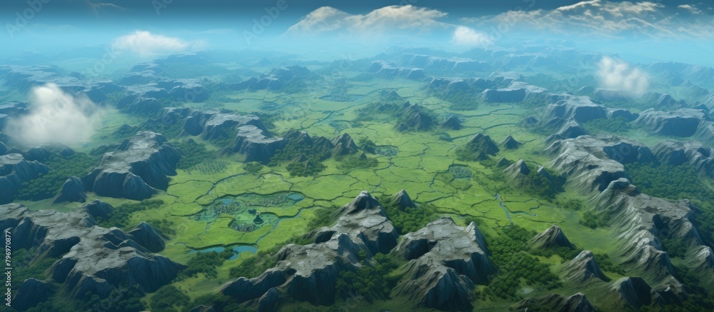 Poster Peaceful mountainside with serene lakes