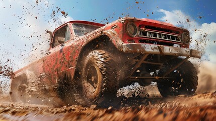 A red pickup truck is driving through a muddy field. The truck is covered in mud and the wheels are spinning.