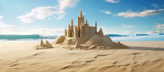 Sandcastle on Beach with Crashing Waves