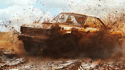 Off-road vehicle covered in mud, racing through a muddy field.