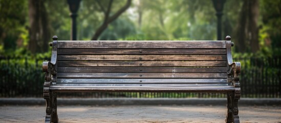 Naklejka premium Wooden bench in park with tree backdrop