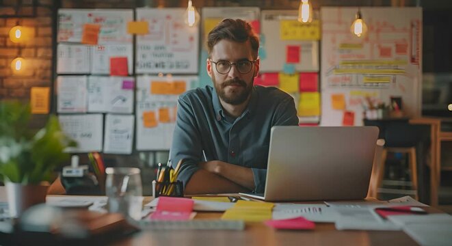 A young man sits at his desk in a creative office space. He is looking at the camera with a confident expression. There are post-it notes and drawings on the wall behind him.