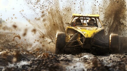 The yellow off-road buggy speeds through the mud, its wheels spraying mud in all directions.