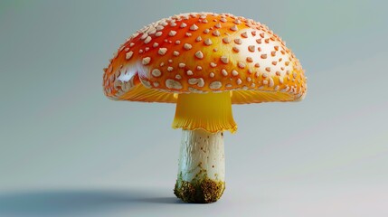 A beautiful 3D rendering of a red and white spotted mushroom. The mushroom is set against a pale blue background and is lit from the left side.