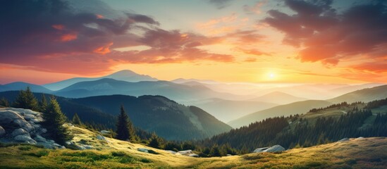 Mountain sunset silhouette landscape - obrazy, fototapety, plakaty