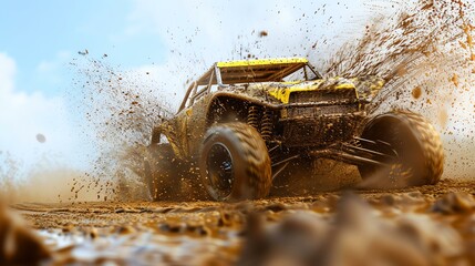 This is an image of an off-road vehicle driving through a muddy field. The vehicle is yellow and black and has a large number of sponsors on it.
