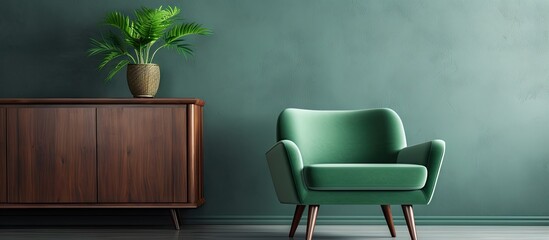 Green chair and cabinet with plant in room