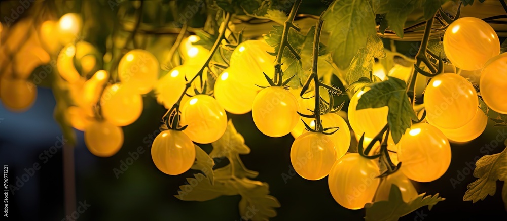 Poster Yellow tomatoes on vine with leaves and lights