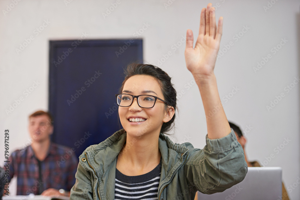 Aufkleber classroom, student and question with smile in university for answer, information and education. coll