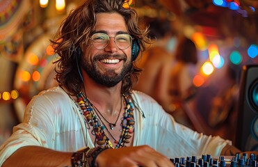 bearded, long-haired DJ in his late thirties, wearing glasses and headphones, spins tunes in a...