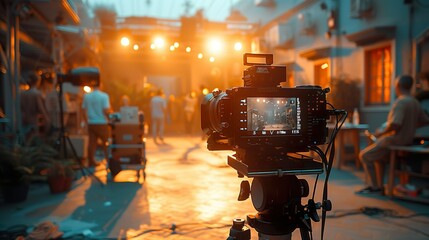 Camera Filming Outdoor Scene with Crew and Stage Lights - ai generative