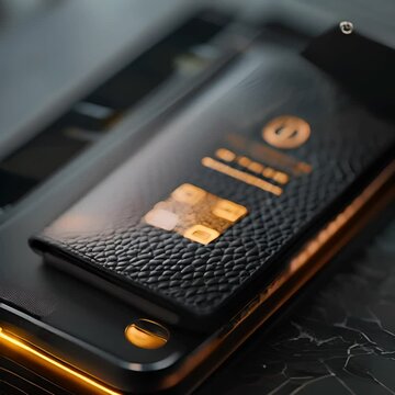 Black leather business card case with gold QR code on the cover