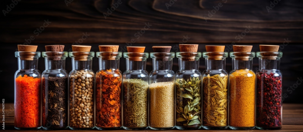 Poster row of assorted spice bottles close-up