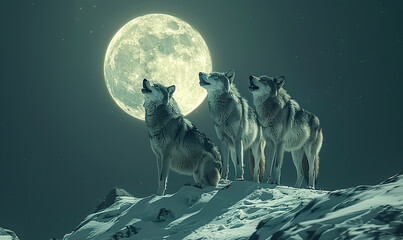 A pack of wolves howling under a full moon on a snowy cliff. Generate AI