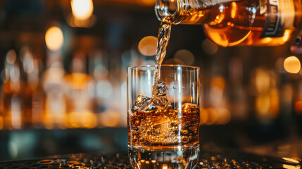 A glass of whiskey is poured into a glass