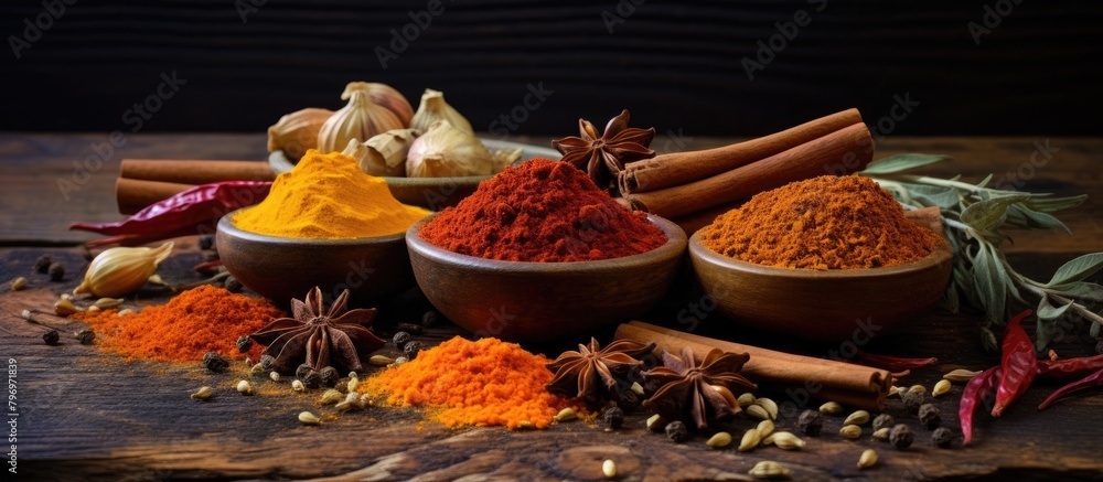 Canvas Prints Wooden table filled with spice bowls