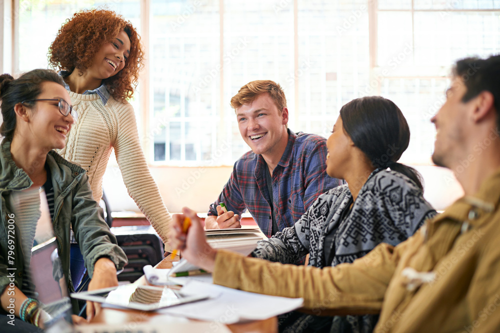 Aufkleber classroom, students and teamwork in university for answer, information and education. college, learn