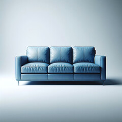 Obraz premium An elegant blue leather sofa showcased on a neutral background with soft lighting, illustrating a minimalist interior design concept.
