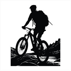 Biker and bike silhouette black vector.