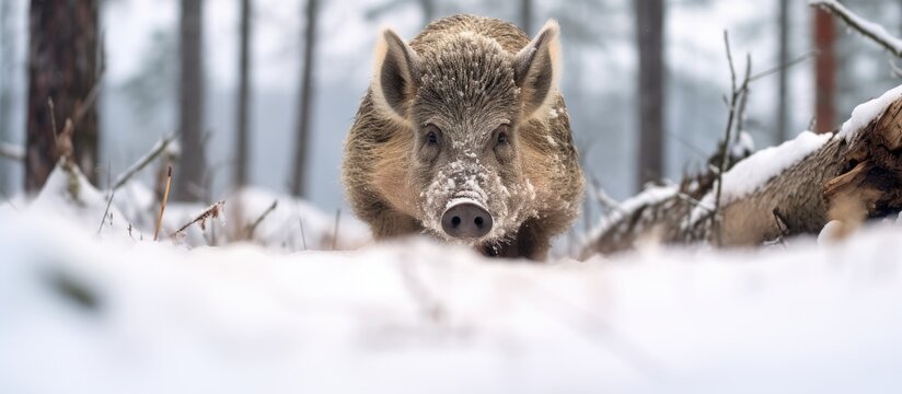 A boar wanders snow landscape