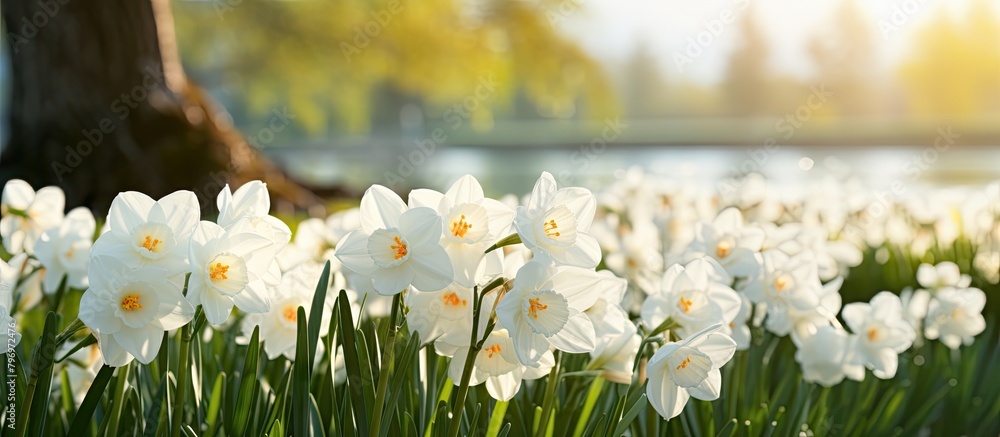 Poster Field of blooming white flowers with distant tree