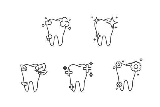 Healthy tooth icon set. Tooth with mint, health, read, glossy. teeth outline icons set.