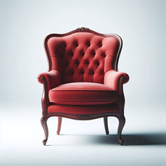 Elegant red vintage armchair featuring a tufted backrest and ornate wooden legs, showcased against a simple light background.